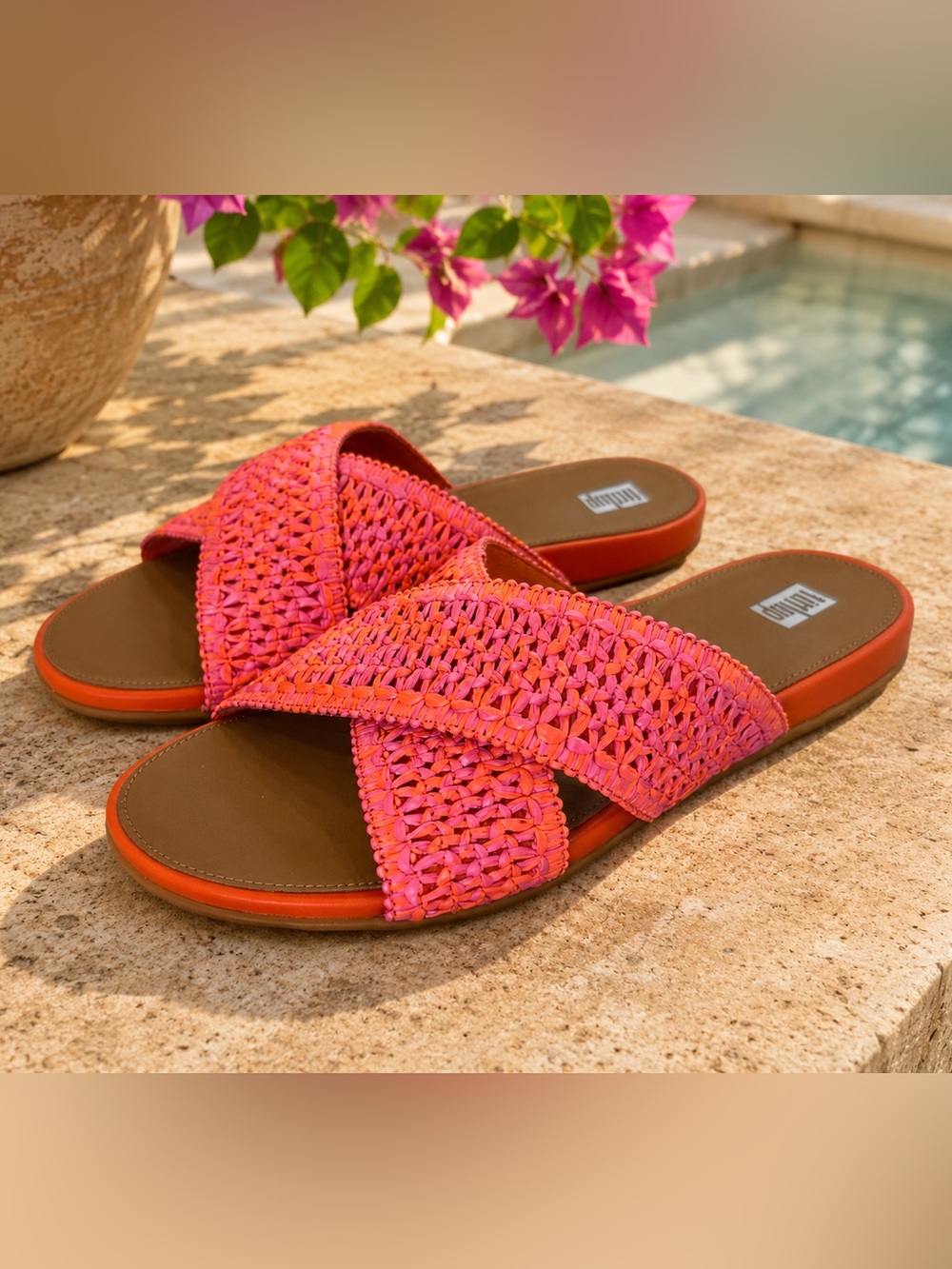 Fitflop Pink and Orange Woven Cross-Strap Slide Sandals